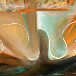 Medium-sized horizontal painting made of acrylic in which the painter tried to reproduce her most intimate feelings while waiting for her loved one. The artwork incorporates mostly brown and orange colors crossed horizontally by white waves, all set against an abstract background resembling a window frame