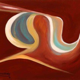 This is a medium size horizontal abstract style acrylic painting that came from a thought of the painter and that suggests the joint flight of two birds on a red background