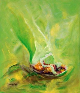 Pintura vertical de color mayoritariamente verde, totalmente abstracta que pareciera simbolizar un plato de comida humeante, o alguno muy agradable, y realizada en acrilico sobre lienzo
