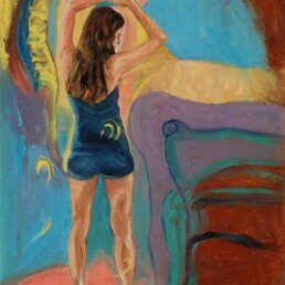 Painting of a young woman waking up to the new day, surrounded by the furniture of her bedroom reflected in abstract style, the size of the painting is 60 cm wide and 70 cm cm high