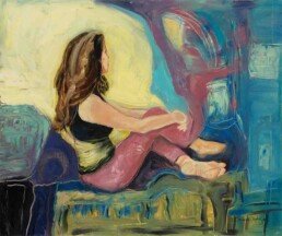 This photo reflects a horizontal oil painting on canvas of a seated young woman, who seems to be thinking about some lost love. This artwork is figurative, but has touches of abstraction as Ana's paintings usually have.