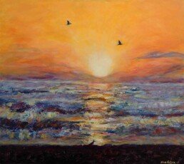 Sunrise at sea that is celebrated by birds in a golden sky by the rays of the rising sun, acrylic on canvas