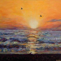 Sunrise at sea that is celebrated by birds in a golden sky by the rays of the rising sun, acrylic on canvas