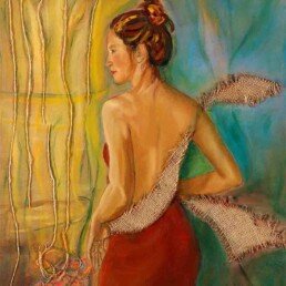 Painting of a young woman who seems to have wings to let her dreams fly, and which has been made with oil paint on canvas and mixed technique. Its size is medium and vertical