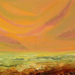 Pintura de un mar embravecido de color naranja como el cielo, que también tiene algunas zonas rojas. tamaño pequeño, horizontal, óleo sobre lienzo