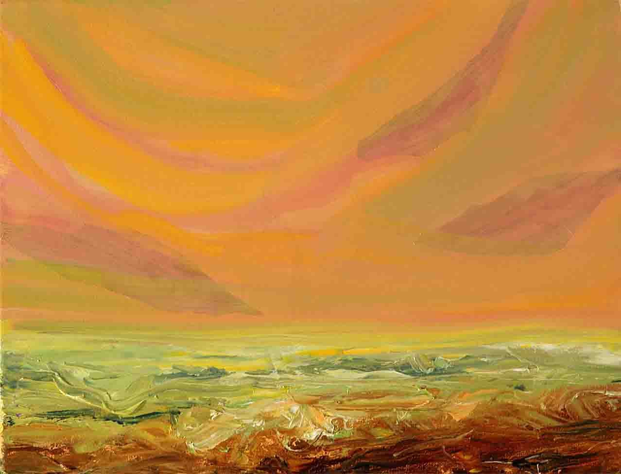 Pintura de un mar embravecido de color naranja como el cielo, que también tiene algunas zonas rojas. tamaño pequeño, horizontal, óleo sobre lienzo