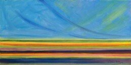 Abstract seascape painting done in oil on canvas, horizontal, which symbolizes the sea with parallel horizontal stripes of different colors, and a celestial sky with blue and green curved rays of light