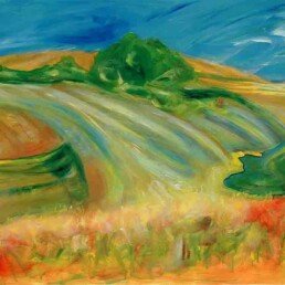 Pintura acrílica horizontal que representa campos sembrados amarillos, con un cielo azul en Francia