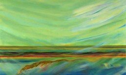 Esta pintura al oleo horizontal de gran tamaño forma parte de la serie de obras de arte de Ana que se refieren a los paisajes maritimos y que reflejan su amor por el mar, y aqui sigue la tendencia a la abstraccion e imagina un cielo verde que se refleja en el mar, el agua y las olas