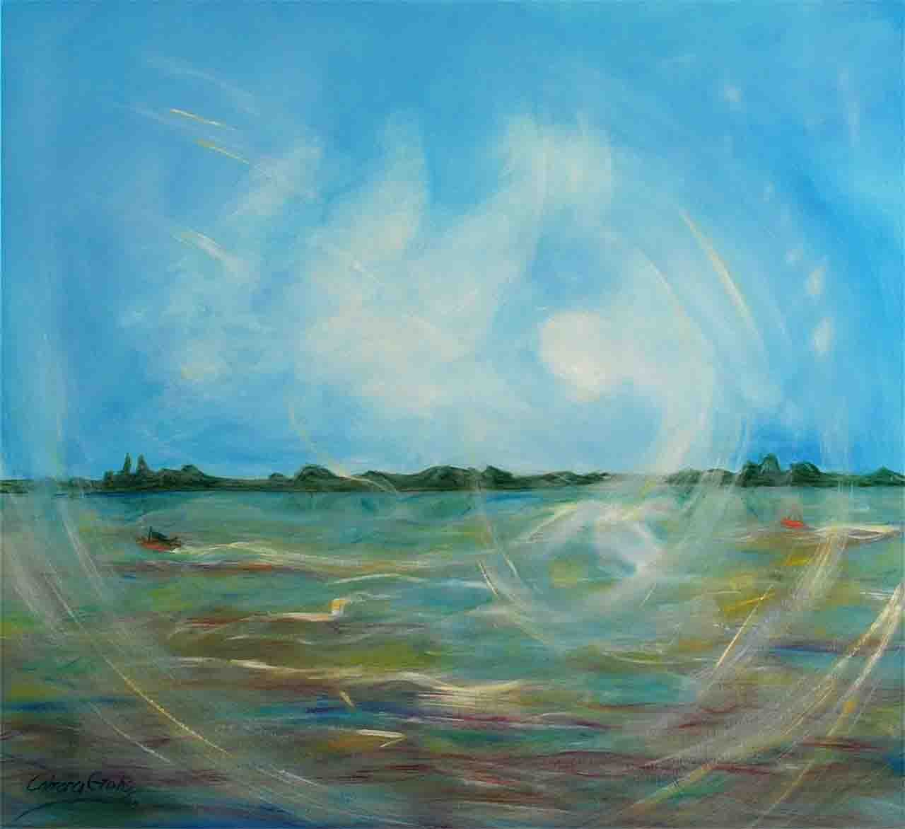 Pintura cuadrada grande, sobre lienzo, de un paisaje Sudamericano que se ve fantasmal con una niebla mágica  sobre la costa del rio Párana