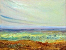 Small format painting in oil on canvas of a marina where the beach is protected by a weak defense that does not seem to resist the enormous waves. seascape of Chile in the Pacific Ocean
