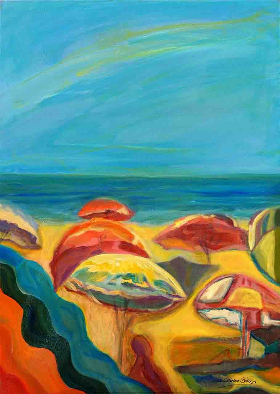 Representation of a Caribbean beach full of umbrellas on a day with full sun, with sea, sky, and a suggested human figure