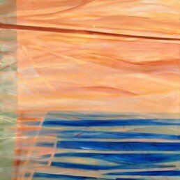 Square acrylic painting that in its lower part has blue stripes that simulate a sea and orange horizontal areas on top, that simulate a sky