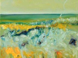 In this abstraction of the California seascape I was inspired by the nature that I love, and so I was able to represent the sea on the coast of the Pacific Ocean, which in the afternoon has beautiful green, yellow and blue colors. it is a vertical oil painting of medium size