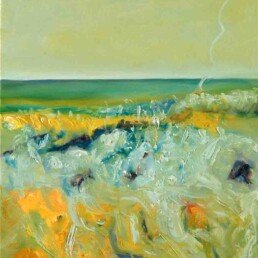 In this abstraction of the California seascape I was inspired by the nature that I love, and so I was able to represent the sea on the coast of the Pacific Ocean, which in the afternoon has beautiful green, yellow and blue colors. it is a vertical oil painting of medium size