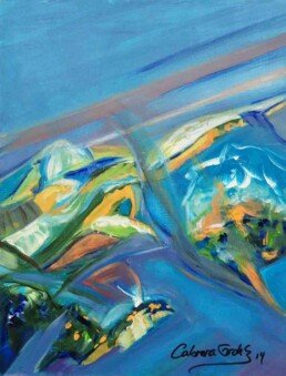 Pintura acrílica en estilo abstracto de un jardin Cubano lleno de colores azules
