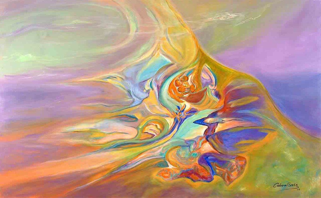 Pintura de una imagen abstracta llena de colores, similar a una aurora boreal. Realizado en acrílico sobre lienzo, tamaño horizontal