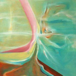 Photo of an abstract painting, which is of the non representational abstract art style, in green, pink and brown colors, hanging on the wall of a bar