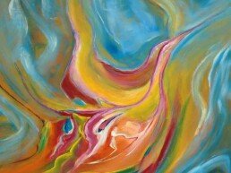 Abstract painting on canvas of two birds sharing the flight
