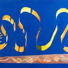 Pintura moderna abstracta geometrica con fondo azul y ondas amarillas y naranjas