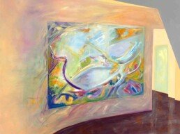 Painting of an interior wall that has another colorful abstract painting hanging