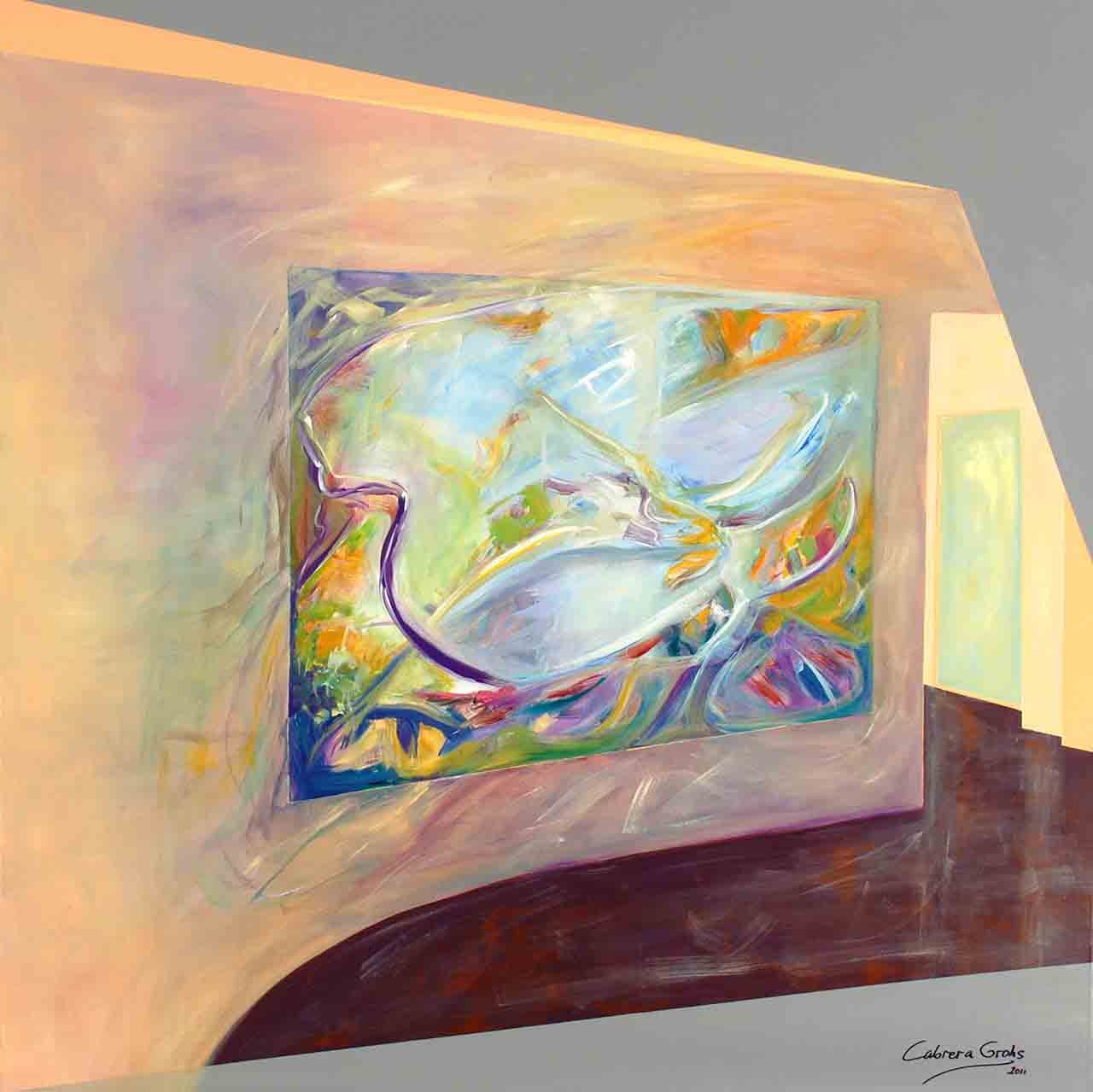 Painting of an interior wall that has another colorful abstract painting hanging