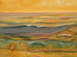 Cuadro abstracto al oleo sobre lienzo colorido de una playa con olas en un mar tormentoso