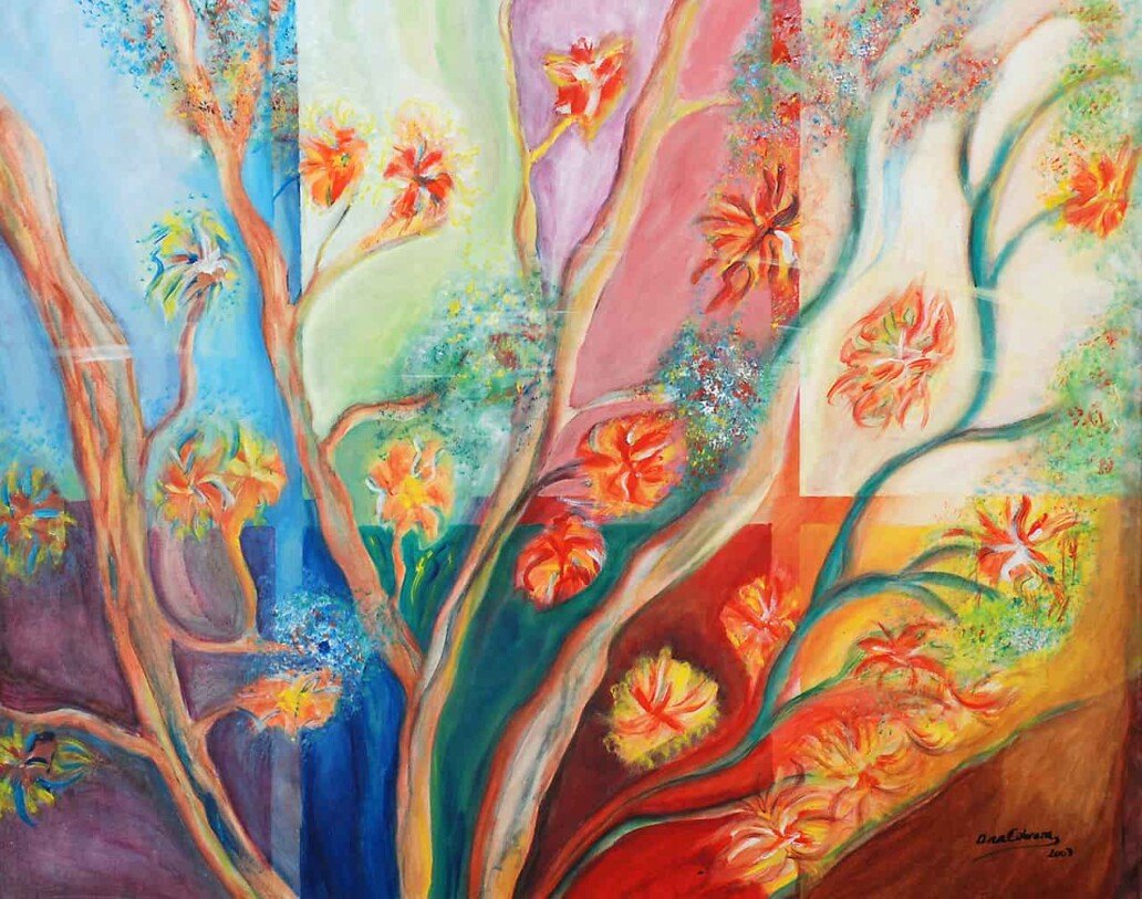 Painting of a colorful window with nice trees and flowers