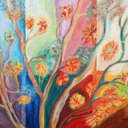 Painting of a colorful window with nice trees and flowers