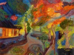 Japanese style garden painting on canvas made with medium size oil paint that shows the charms of its trees, lakes and oriental style buildings.