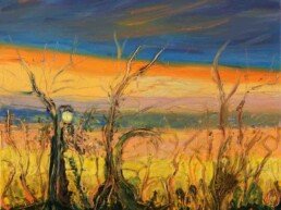 Cuadro de pequeño tamaño que muestra una espléndida puesta de sol en el Delta, donde la luz del sol, que no se ve, refleja tonos dorados y azules en el cielo. La pintura se realizó con óleo sobre lienzo utilizando técnica mixta y espátula.