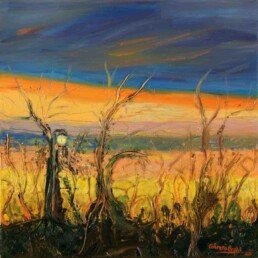 Cuadro de pequeño tamaño que muestra una espléndida puesta de sol en el Delta, donde la luz del sol, que no se ve, refleja tonos dorados y azules en el cielo. La pintura se realizó con óleo sobre lienzo utilizando técnica mixta y espátula.