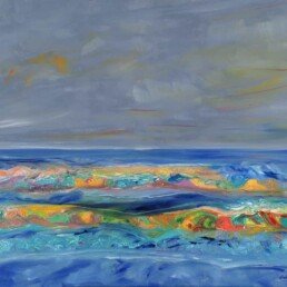 Obra de Ana que refleja las inmensas vibraciones que el mar embravecido despierta en ella y que las arroja sobre el lienzo de tamaño mediano de 90 x 70 cm. Pintada al óleo.