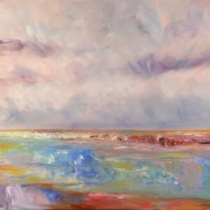 Oil-on-canvas artwork that reflects the deep vibrations that the painter feels contemplating the immense sea, and that she expresses in this 90 x 70 cm horizontal colorful painting
