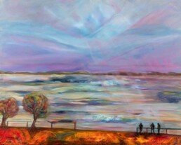 An Impressionist painting of people leaning against a railing, letting their dreams flow, an abstract painting on canvas.